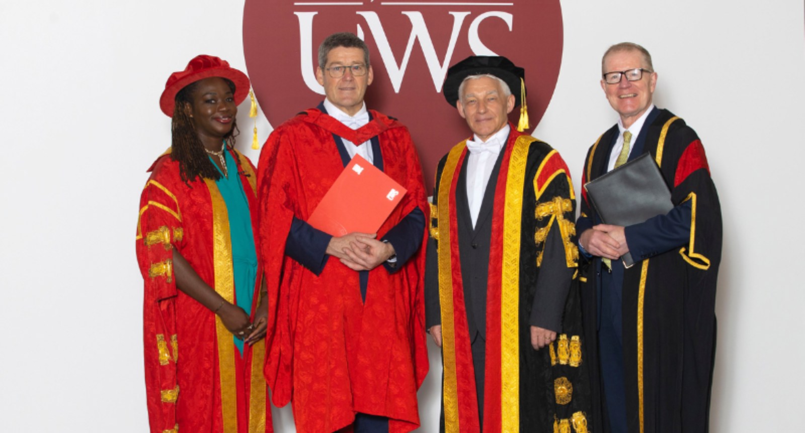 Andrew Malcolm at his honorary graduation from the University of the West of Scotland, with UWS officers